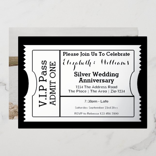 Invitación Con Relieve Metalizado Billete de aniversario del Boda de plata VIP Pass (Anverso/Reverso)