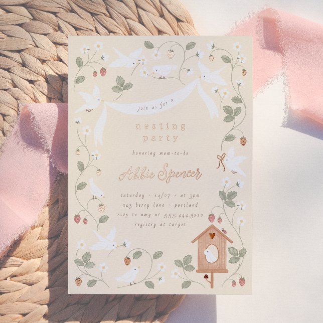 Invitación Con Relieve Metalizado Birds & Berries Nesting Party Baby Shower (Subido por el creador)