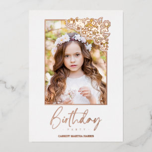 Invitación Con Relieve Metalizado Birthday Romantic Rose Gold Floral Frame Photo