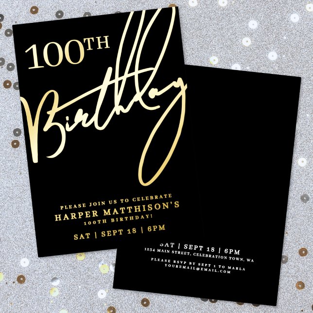 Invitación Con Relieve Metalizado Black 100th Birthday Gold (Black 100th Birthday Gold Foil Invitation )