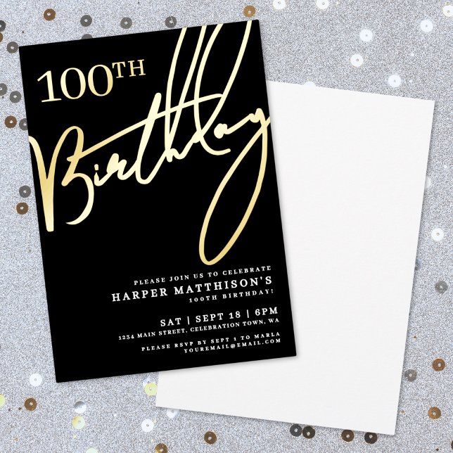 Invitación Con Relieve Metalizado Black 100th Birthday Gold (Black 100th Birthday Gold Foil Invitation)