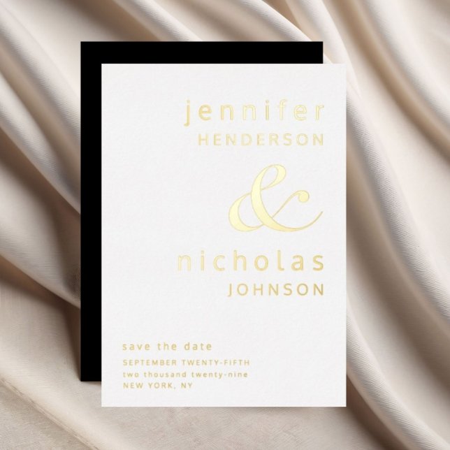 Invitación Con Relieve Metalizado Black Ampersand Wedding Save The Date Gold (Black Ampersand Wedding Save The Date Gold Foil Invitation)
