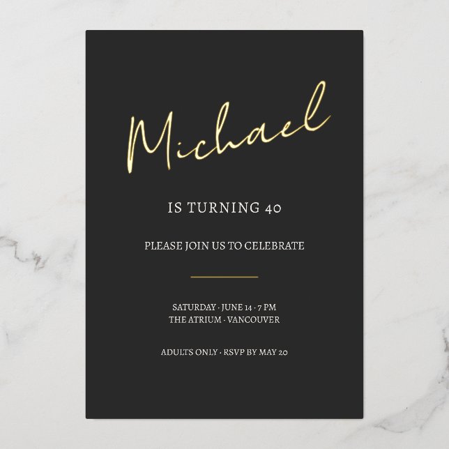 Invitación Con Relieve Metalizado Black and Gold 40th Birthday Celebration (Anverso)