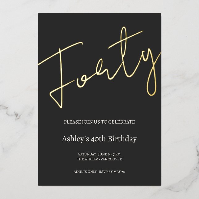 Invitación Con Relieve Metalizado Black and Gold 40th Birthday Celebration (Anverso)