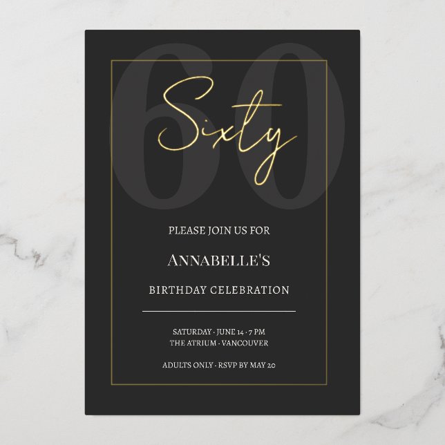 Invitación Con Relieve Metalizado Black and Gold 60th Milestone Birthday Celebration (Anverso)