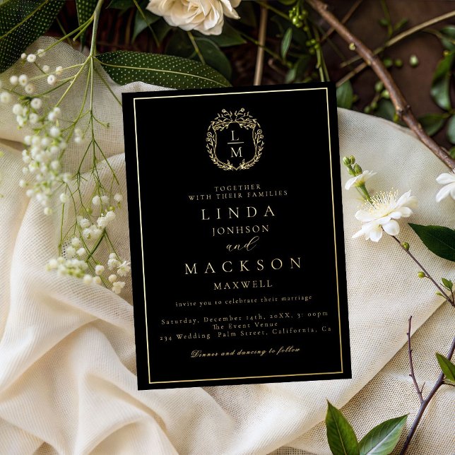 Invitación Con Relieve Metalizado Black and gold botanical crest monogram wedding (Subido por el creador)