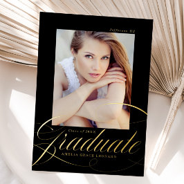 Invitación Con Relieve Metalizado Black and Gold Foil Script Graduation Announcement