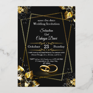 Invitación Con Relieve Metalizado Black and Gold Glam Luxury Wedding Invitation