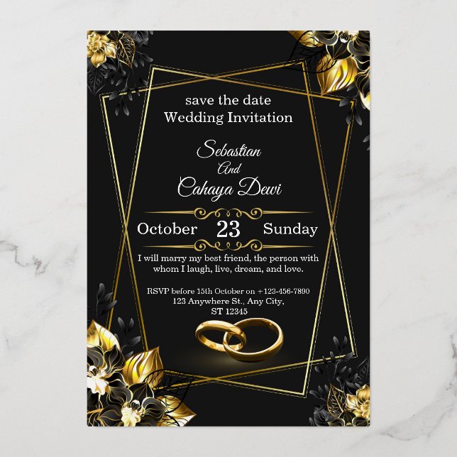 Invitación Con Relieve Metalizado Black and Gold Glam Luxury Wedding Invitation  (Anverso)