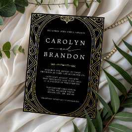Invitación Con Relieve Metalizado Black and Gold Ornate Elegant Wedding