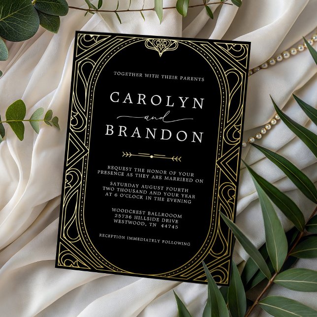 Invitación Con Relieve Metalizado Black and Gold Ornate Elegant Wedding (Black and Gold Ornate Elegant Wedding Foil Invitation)