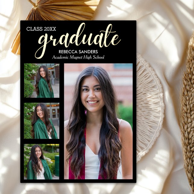 Invitación Con Relieve Metalizado Black and Gold Script 4 photos Graduated for Her (Subido por el creador)