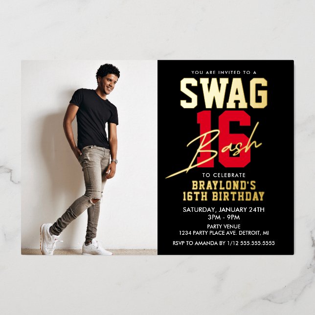Invitación Con Relieve Metalizado Black and Red Swag 16 Cumpleaños (Anverso)