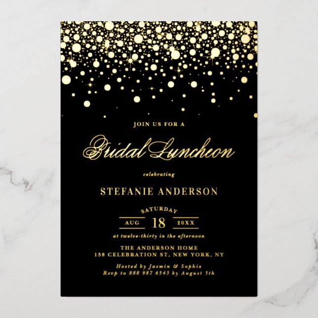 Invitación Con Relieve Metalizado Black and Relieve metalizado dorado Confetti Dots  (Anverso)
