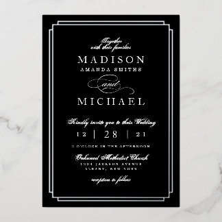 Invitación Con Relieve Metalizado Black and White and Silver Foil Wedding Invitation