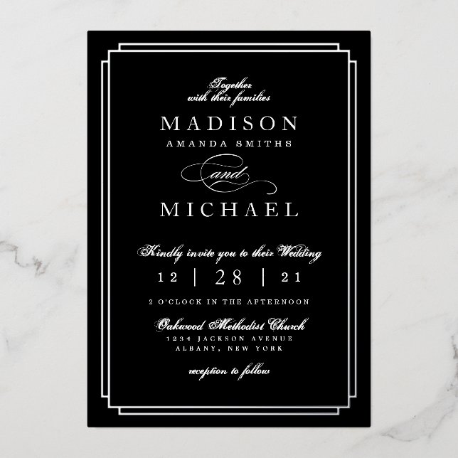 Invitación Con Relieve Metalizado Black and White and Silver Foil Wedding Invitation (Anverso)