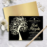 Invitación Con Relieve Metalizado Black Bat Mitzvah Tree of Life Script Real Gold<br><div class="desc">¡Estén orgullosos, regocijaos y exhiban este hito de su Bat Mitzvah favorito! Este gráfico árbol de Relieve metalizado oro real de la vida con brillante Star of David y "hojas" de punto y un guión de caligrafía de Relieve metalizado oro real en un rico, sofisticado, de fondo negro, es la...</div>