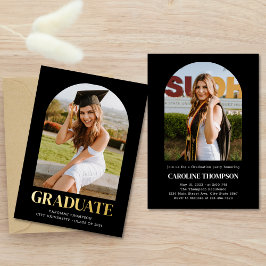 Invitación Con Relieve Metalizado Black Bold Gold Typography 2 Photo Arch Graduation