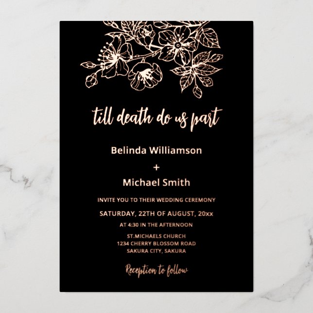 Invitación Con Relieve Metalizado Black Copper Floral | Goth Wedding (Anverso)