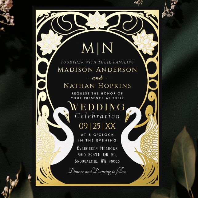 Invitación Con Relieve Metalizado Black Elegant Art Nouveau Swans Wedding (Subido por el creador)
