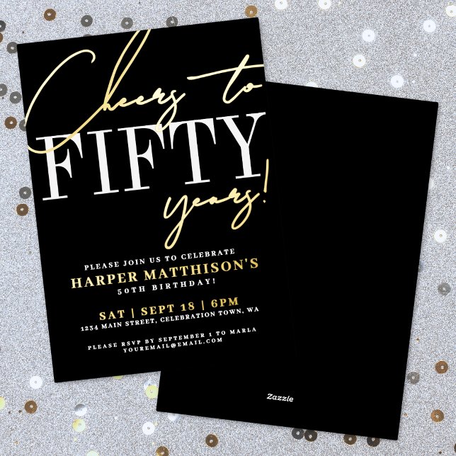 Invitación Con Relieve Metalizado Black Fifty 50th Birthday Gold (Black Fifty 50th Birthday Gold Foil Invitation)