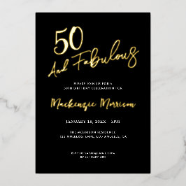 Invitación Con Relieve Metalizado Black Fifty and Fabulous Script Birthday