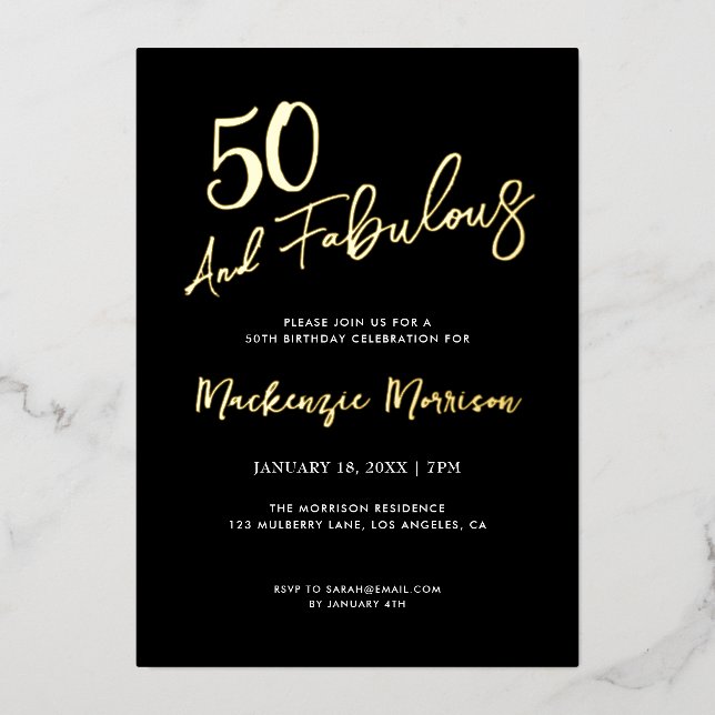 Invitación Con Relieve Metalizado Black Fifty and Fabulous Script Birthday (Anverso)