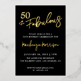 Invitación Con Relieve Metalizado Black Fifty and Fabulous Script Birthday