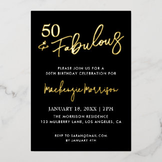 Invitación Con Relieve Metalizado Black Fifty and Fabulous Script Birthday