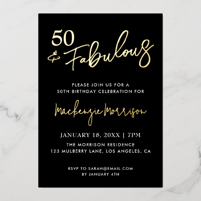 Invitación Con Relieve Metalizado Black Fifty and Fabulous Script Birthday (Anverso)