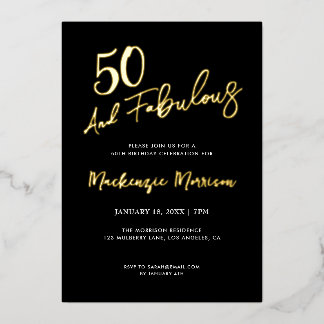 Invitación Con Relieve Metalizado Black Fifty and Fabulous Script Birthday Party