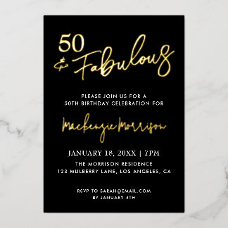 Invitación Con Relieve Metalizado Black Fifty and Fabulous Script Birthday Party
