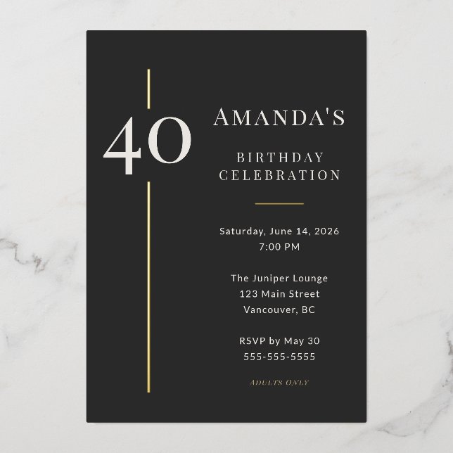 Invitación Con Relieve Metalizado Black Gold 40th Milestone Birthday Celebration (Anverso)