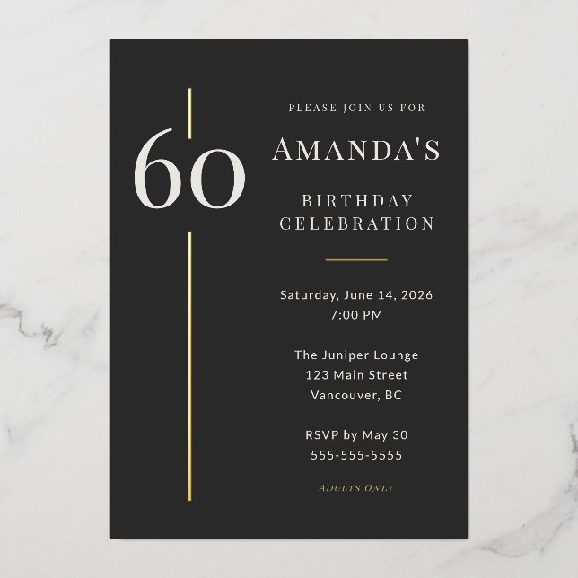 Invitación Con Relieve Metalizado Black Gold 60th Milestone Birthday Celebration (Anverso)