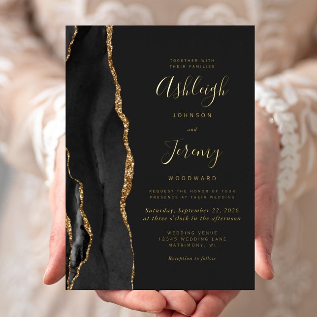 Invitación Con Relieve Metalizado Black Gold Agate Dark Modern Boda (Subido por el creador)