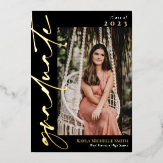 Invitación Con Relieve Metalizado Black & Gold Calligraphy Photo Graduation