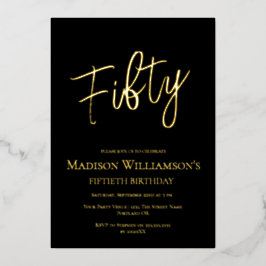 Invitación Con Relieve Metalizado Black & Gold Fiesta de 50 cumpleaños mínima