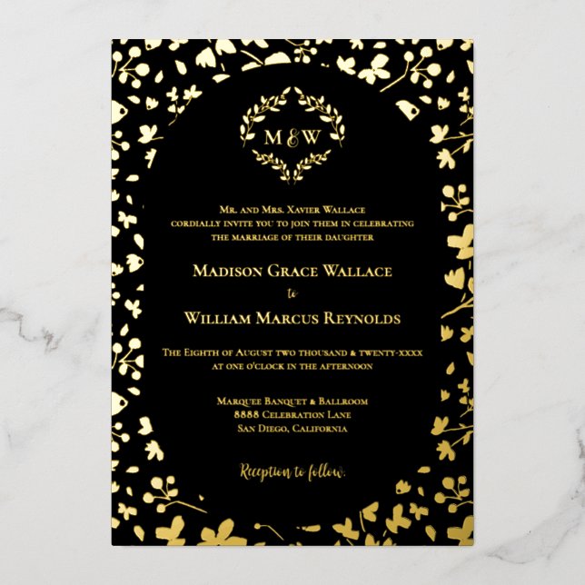 Invitación Con Relieve Metalizado Black & Gold Floral Monogram Elegant Luxe wedding (Anverso)