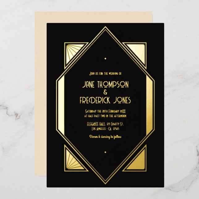 Invitación Con Relieve Metalizado Black & Gold Gatsby Art Deco Wedding (Anverso/Reverso)