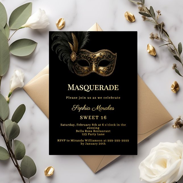 Invitación Con Relieve Metalizado Black gold luxury Masquerade party Sweet 16 (Subido por el creador)