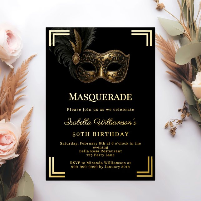 Invitación Con Relieve Metalizado Black gold Masquerade luxury birthday party (Subido por el creador)