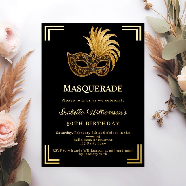 Invitación Con Relieve Metalizado Black gold Masquerade luxury birthday party (Subido por el creador)