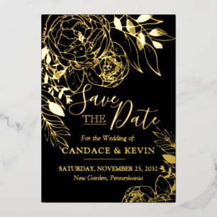 Invitación Con Relieve Metalizado Black & Gold Modern Floral Peony Salva la fecha