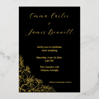 Invitación Con Relieve Metalizado Black & Gold Modern Floral Wedding Foil Invitation