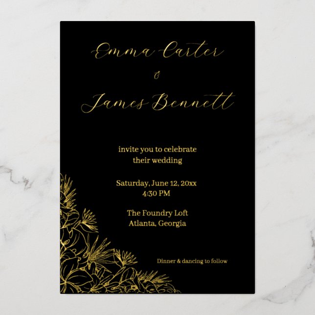 Invitación Con Relieve Metalizado Black & Gold Modern Floral Wedding Foil Invitation (Anverso)
