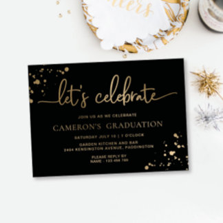 Invitación Con Relieve Metalizado Black Gold Paintly Let's Celebrate Graduation