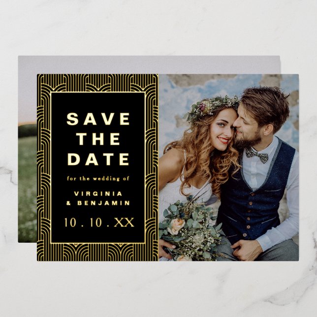 Invitación Con Relieve Metalizado Black Gold Save The Date Relieve metalizado Photo  (Anverso/Reverso)