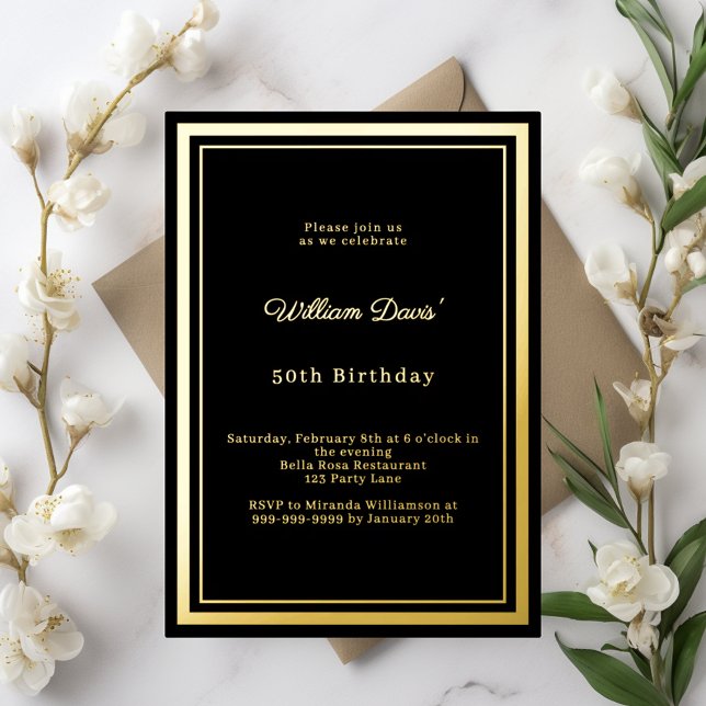 Invitación Con Relieve Metalizado Black gold simple luxury birthday (Subido por el creador)