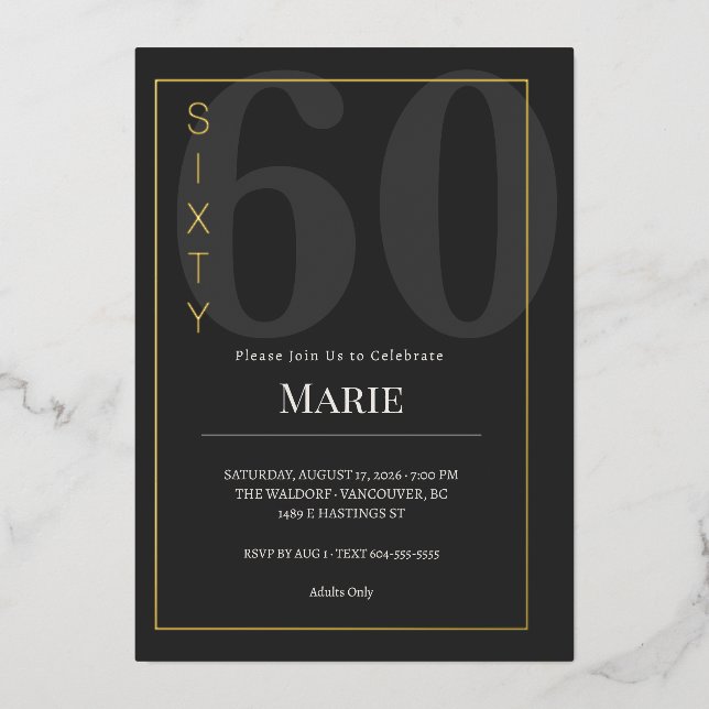 Invitación Con Relieve Metalizado Black & Gold Sixty/60th Birthday Celebration (Anverso)