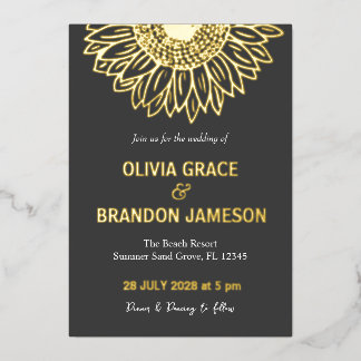 Invitación Con Relieve Metalizado Black Gold  Sunflower Modern Floral Wedding 